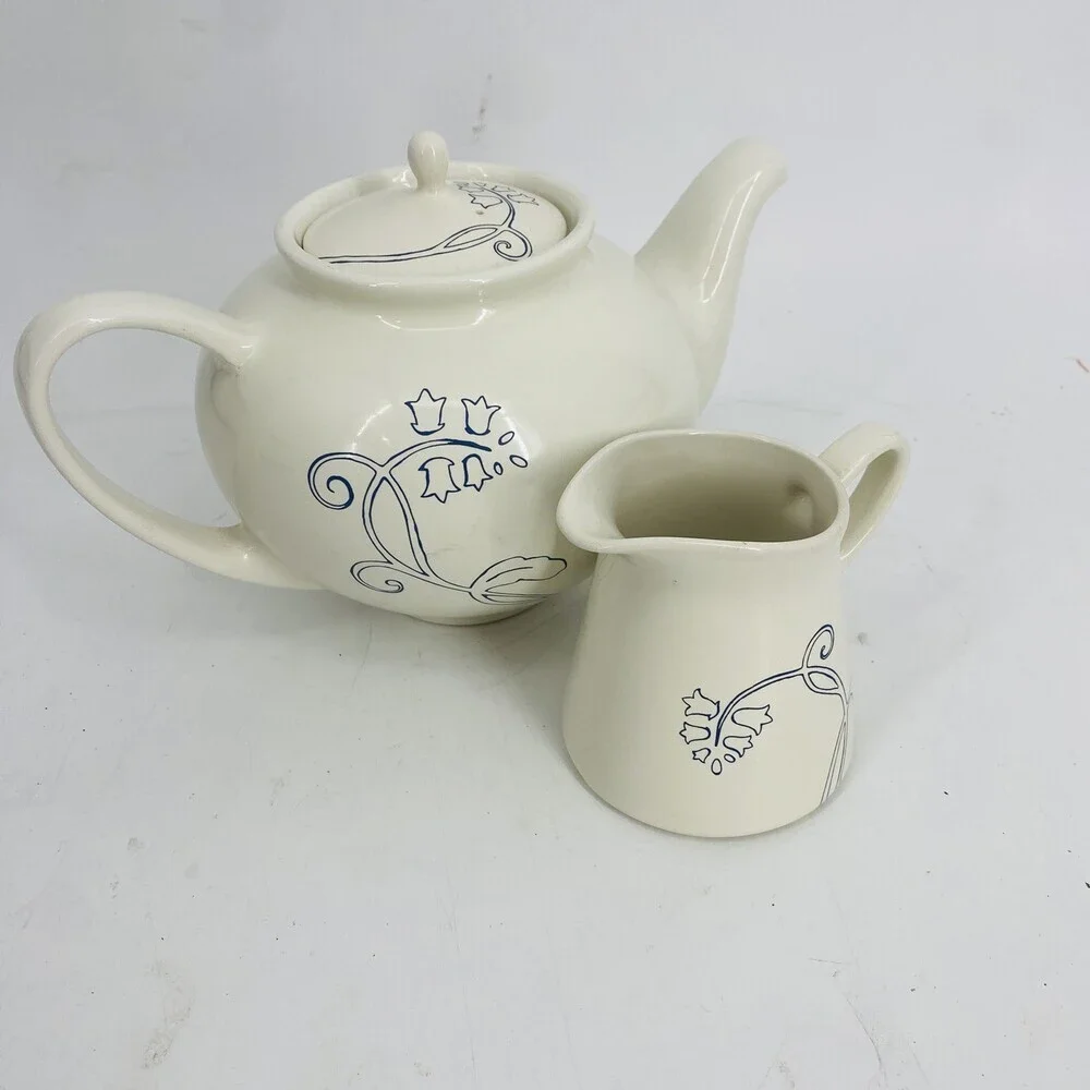 Vintage IKEA Odmjuk Teapot And Creamer Set Bone White With Navy Floral Design